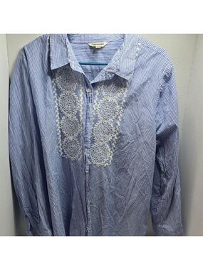 Tantrums Blue and White Striped Blouse with Embroidery